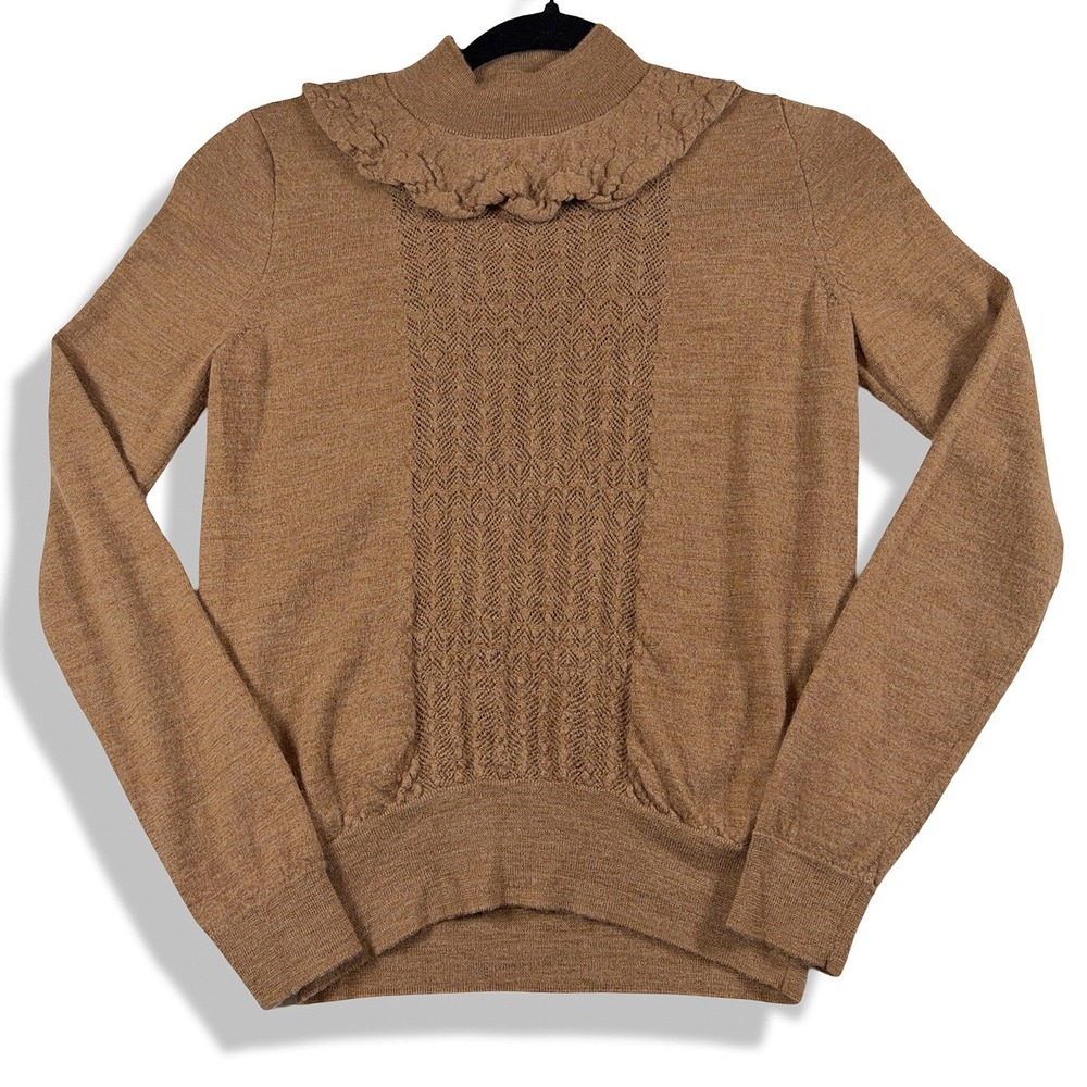 J.Crew Brown Pointelle Ruffle Mock Neck Sweater Women's XS Fall